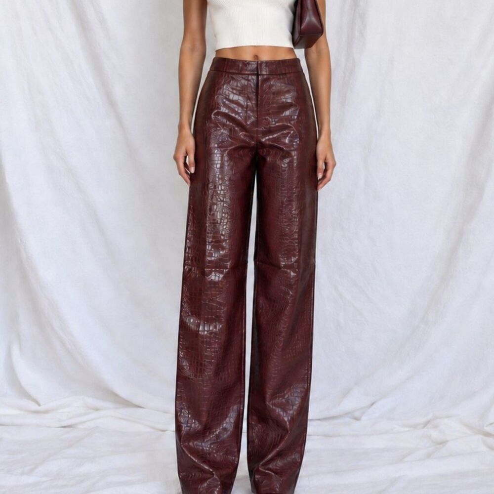 Zara Burgundy Red High Waisted Animal Snake Print Faux Leather Pants Size S/M